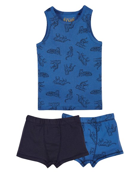 Frugi Vest and Boxer 3 Piece Set, Cobalt Tigers